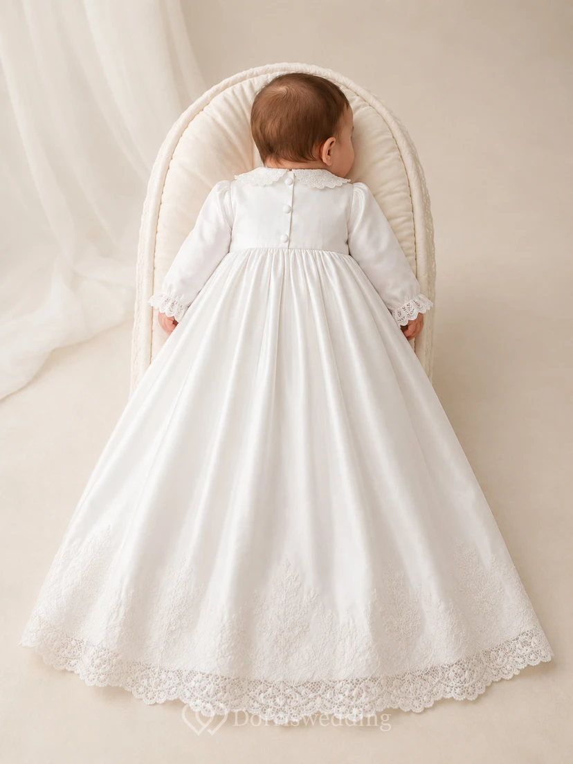 Newborn Baby Christening A-Line Long Sleeve Lace Hem Gown Modest Vintage view 2