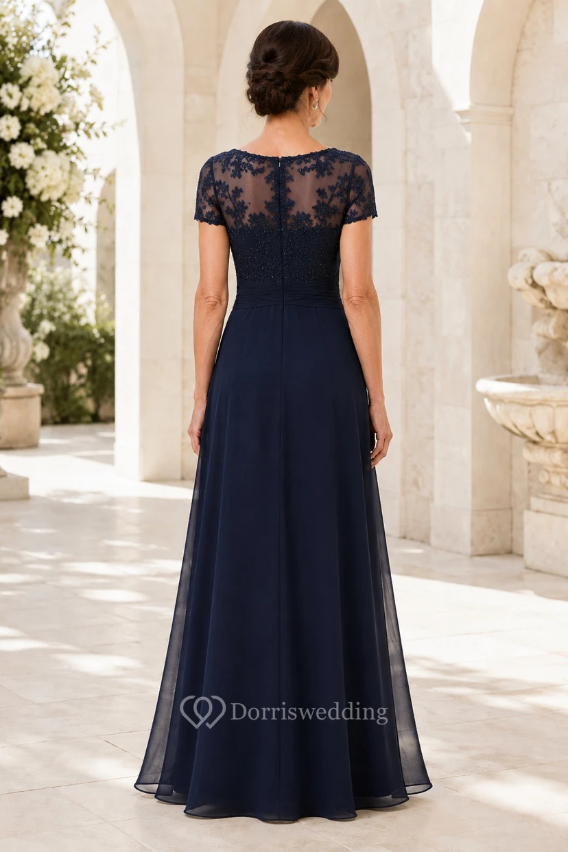 MOB-Kleid, dunkelblau, Chiffon, Spitze, A-Linie, kurze Ärmel, Rundhalsausschnitt, bodenlang view 2