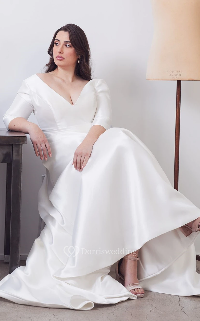 Modernes Brautkleid aus Satin in Übergröße mit V-Ausschnitt, A-Linie und Taschen view 4