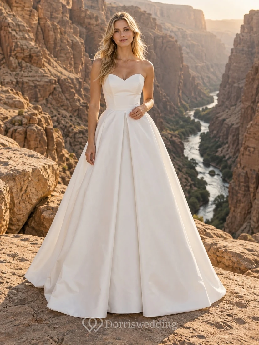 Vestido de novia sencillo, sin tirantes, de satén, corte en A, con cintura plisada y largo hasta el suelo.