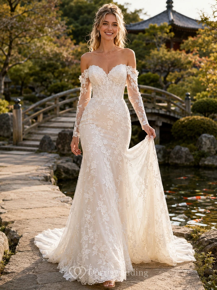 Robe de mariée sirène en dentelle, épaules dénudées, manches longues et traîne chapelle, style romantique, jardin.