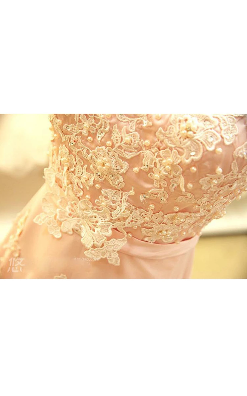 Robe longue sans manches en mousseline de soie, coupe trapèze, ornée d'appliqués de dentelle view 4