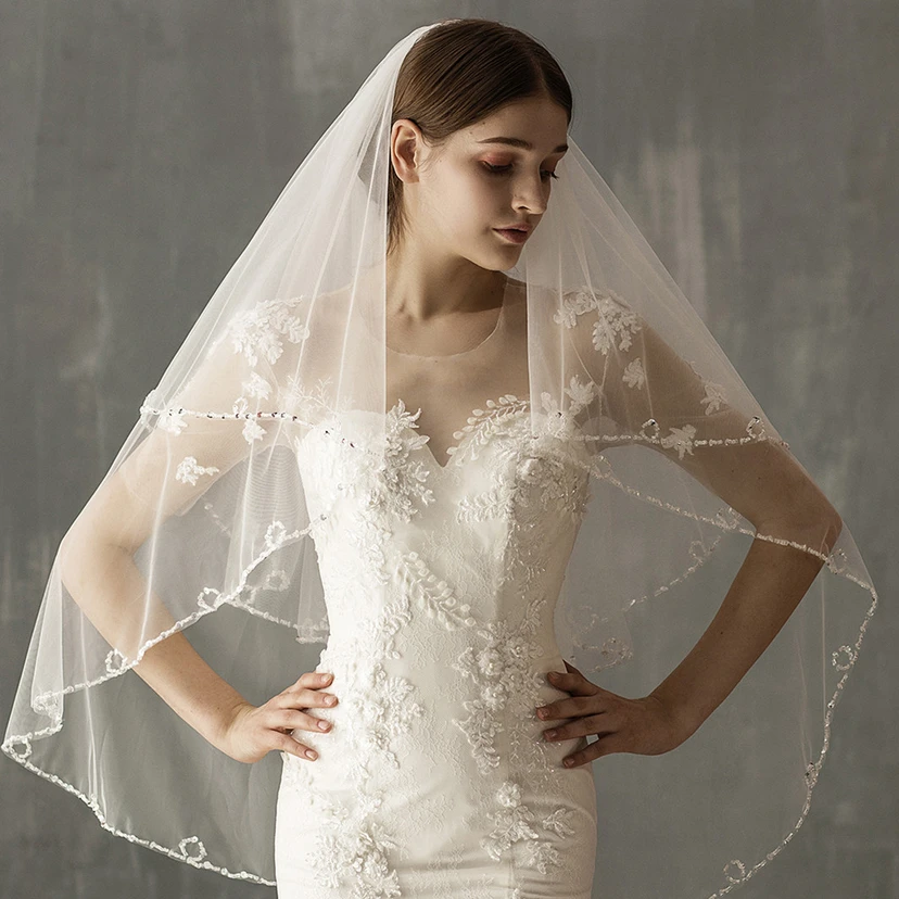 Original Handmade Chic Two Tier Fingertip Veil with Beads Trim view 4