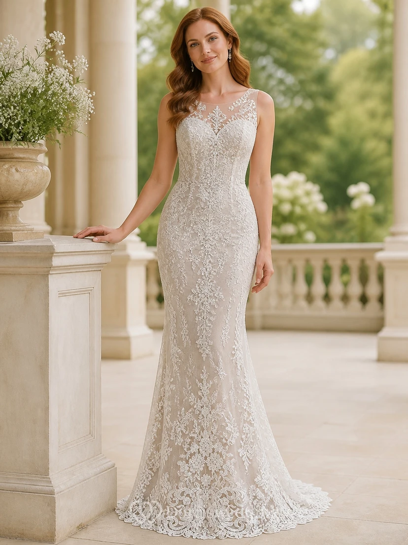 Vestido de novia modesto de corte recto con cuello alto y cola de encaje.