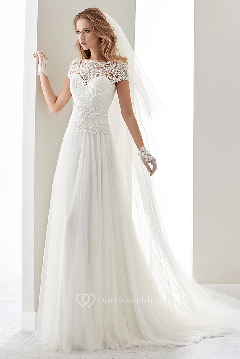 t shirt wedding dress Dresses You can choose from 6 colors Scalloped-Neck Illusion Draping Modest Wedding
