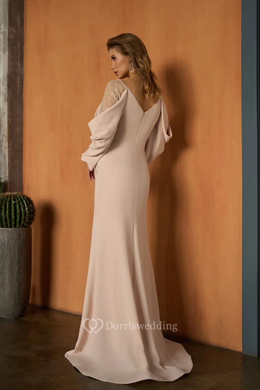 Blue V-neck Sexy Long Sleeve Chiffon Dropped Sequin Dress view 6