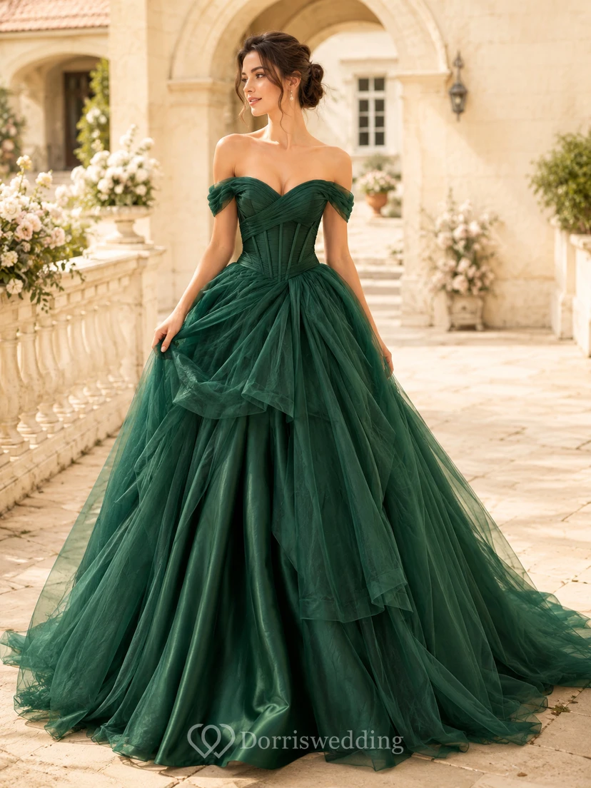 Robe de mariée de bal en tulle vert foncé à épaules dénudées et corset à volants