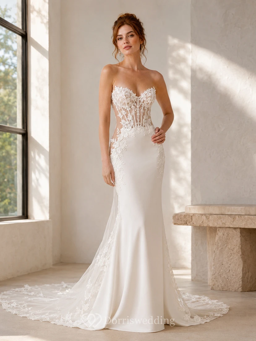 Robe de mariée sirène en dentelle et tulle, col V, manches longues, traîne chapelle