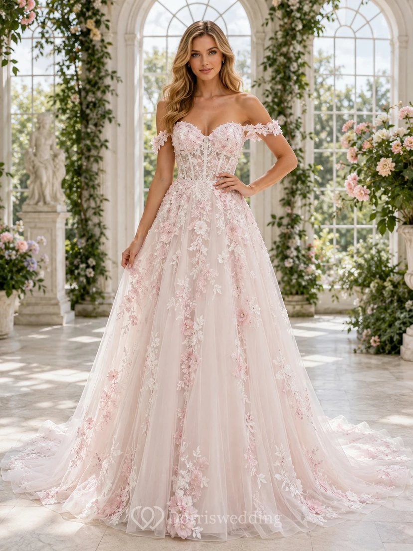 Rosafarbenes, schulterfreies, kurzärmeliges Brautkleid aus Spitze in A-Linie mit Schleppe für eine Gartenhochzeit
