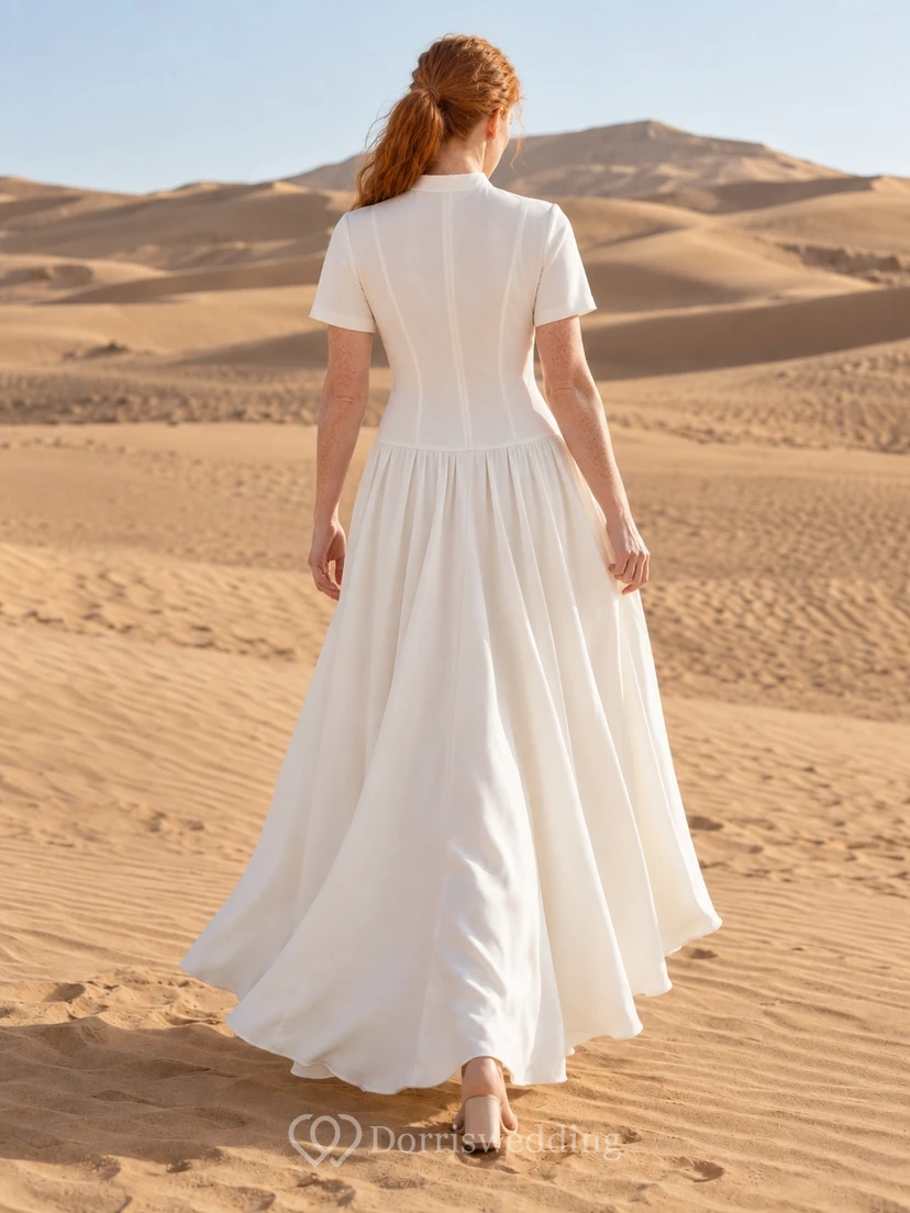 Simple Casual Short Sleeve Collared Button Front Dropped Waist Gathered Wedding Dress view 2