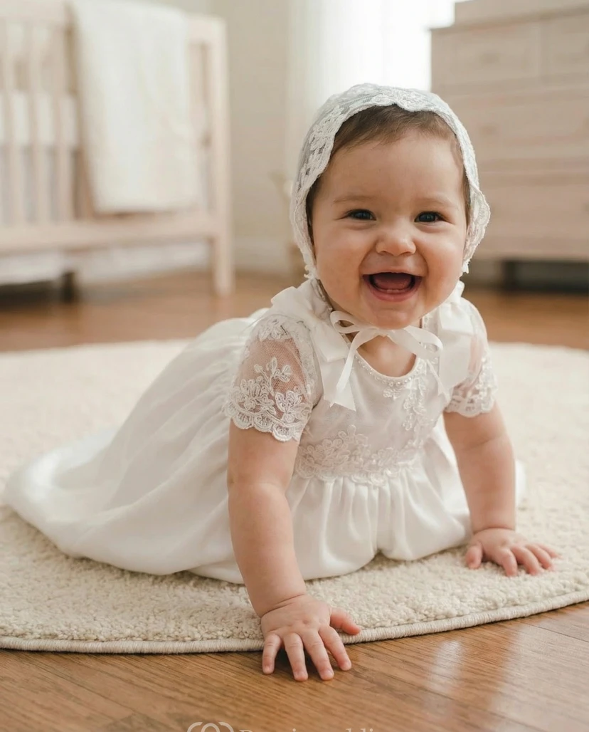 Vestido blanco de niña para bautizo, vestido de encaje de manga corta con gorrito de lazo.