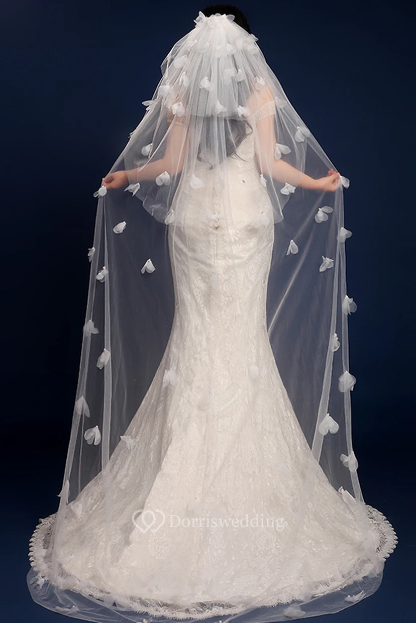 Ethereal Cathedral Wedding Veil with Exquisite Flowers view 2