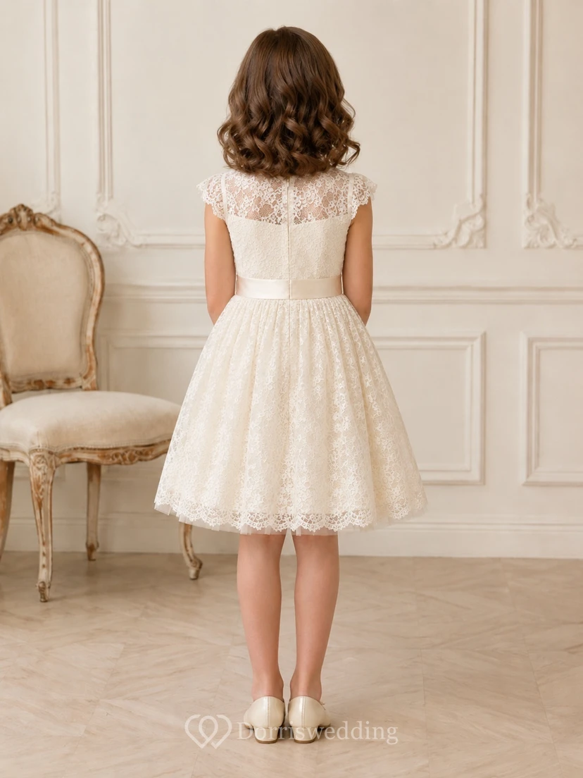Cream Vintage Jewel Neck Cap Sleeve Lace A-Line Flowergirl Dress view 2