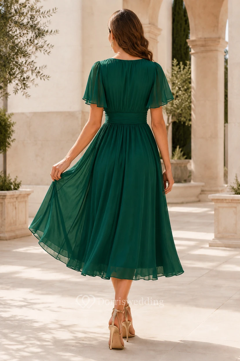 Dunkelgrünes Chiffon-Gästekleid in Teelänge mit A-Linien-Schnitt, V-Ausschnitt und Volantärmeln view 2