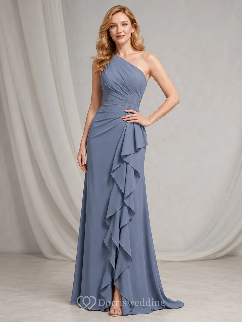 Steel Blue One-Shoulder Waterfall Ruffle Evening Gown