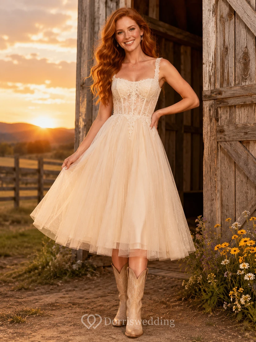 Ranch Country Simple Romantic Casual A-Line Lace Tulle Wedding Dress with Sweetheart Spaghetti Straps Sleeveless Tea-Length Open Back