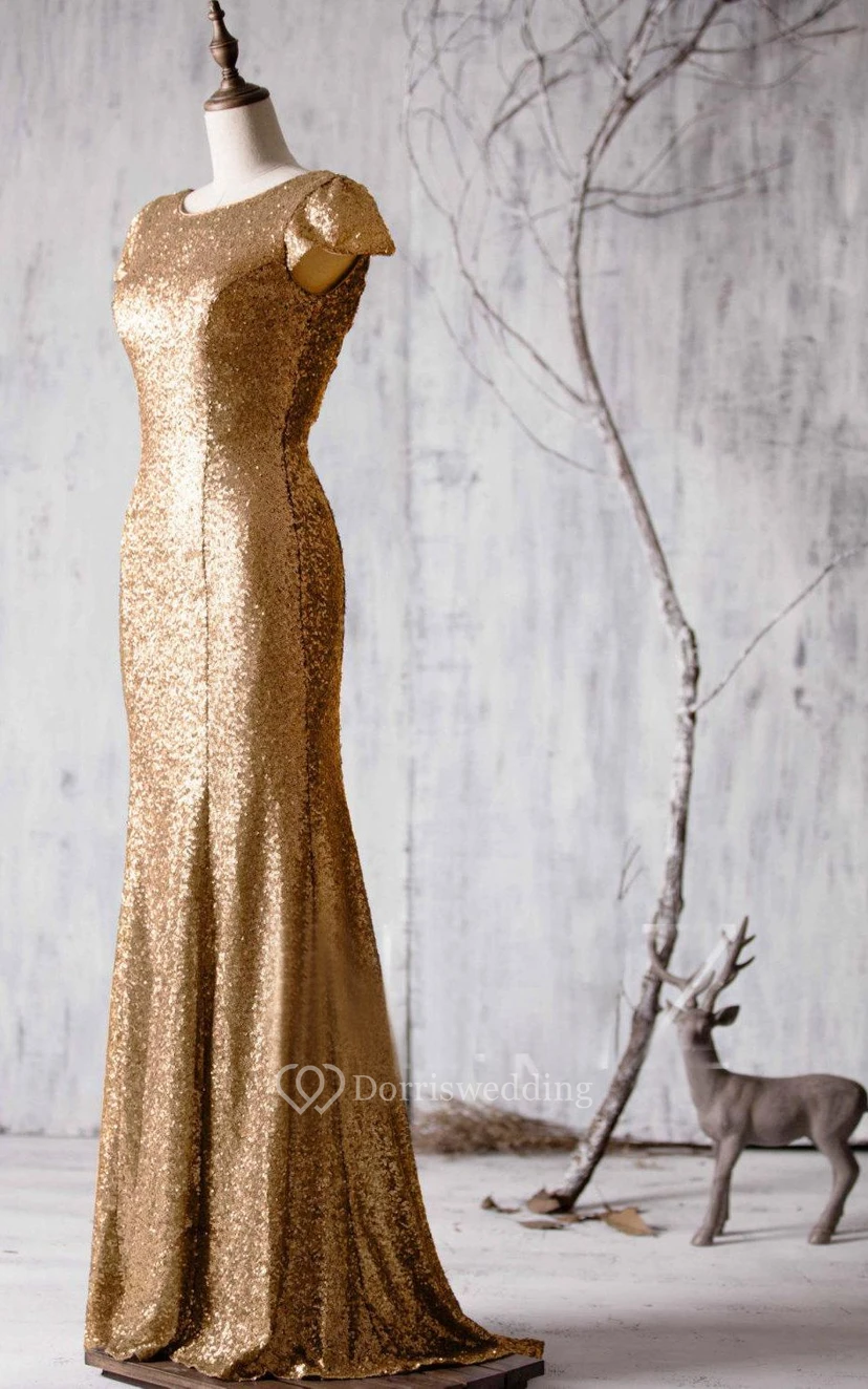 Bateau Cap Sleeve Sequined Mermaid Long Dress With V Back view 2