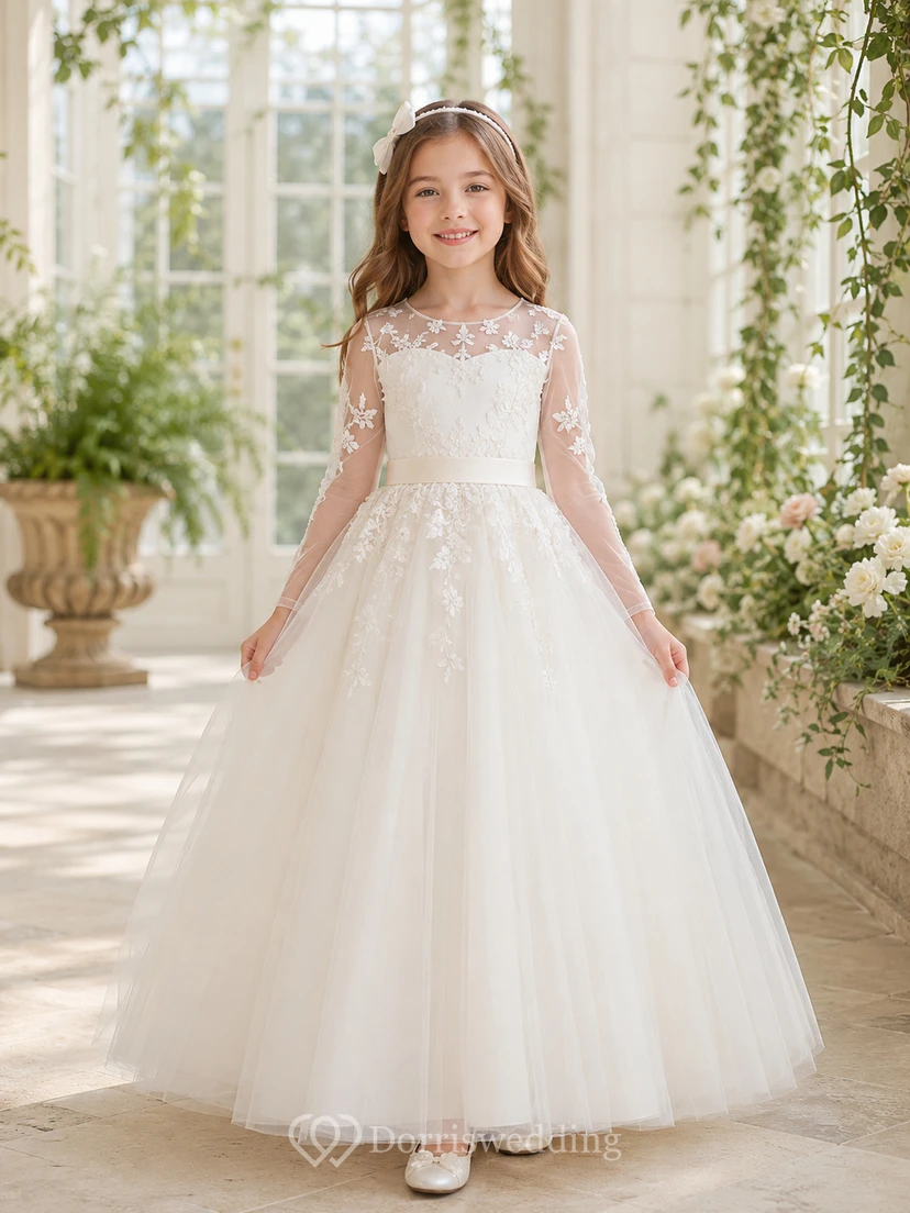 Blumenmädchenkleid aus elfenbeinfarbener Spitze und Tüll, A-Linie, Rundhalsausschnitt, Teelänge, plissiert