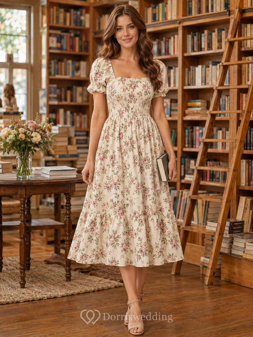 Cream floral square neck puff sleeve bookstore midi dress