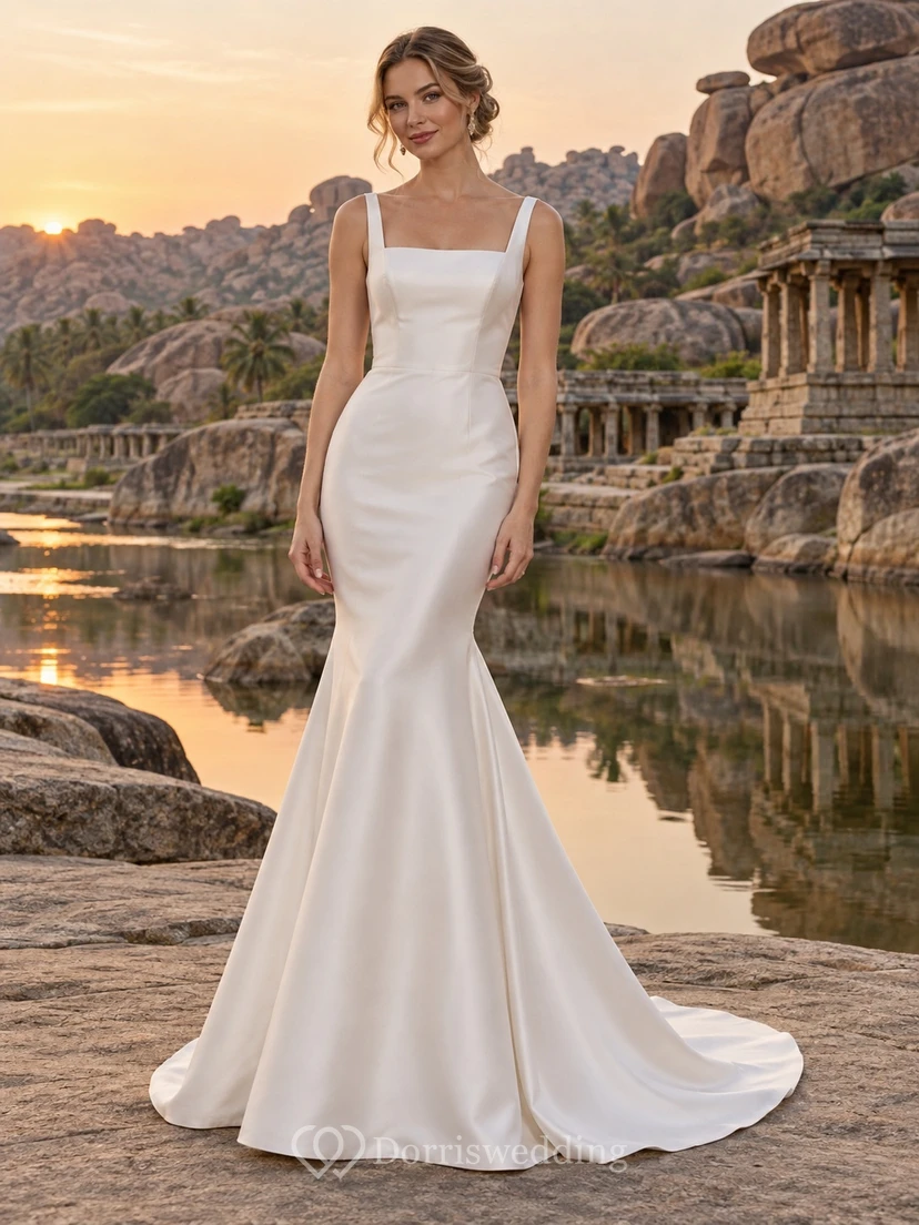 Simple Square Neck Straps Satin Mermaid Sweep Train Wedding Dress