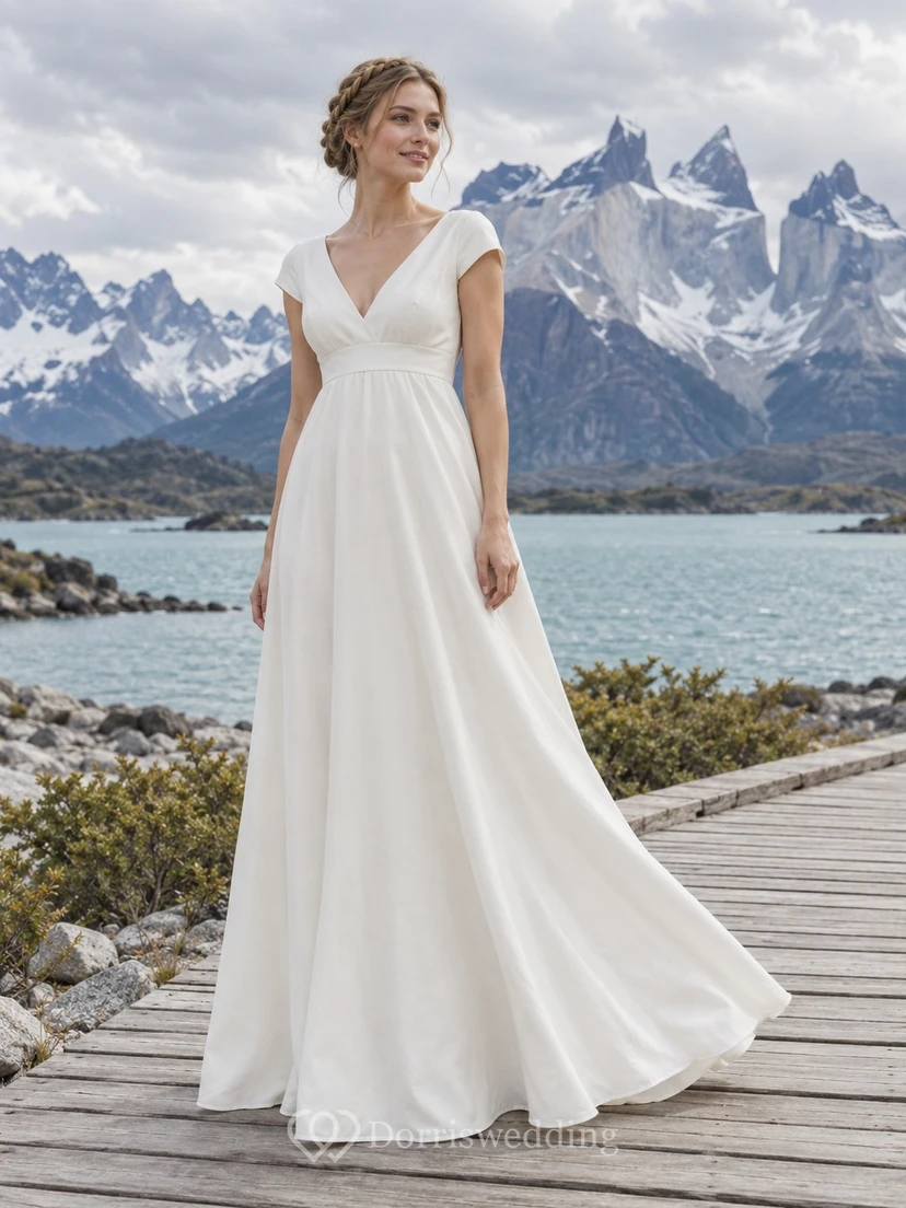 Vestido de novia de popelina con escote en V, mangas cortas, cintura ajustada y falda en línea A.