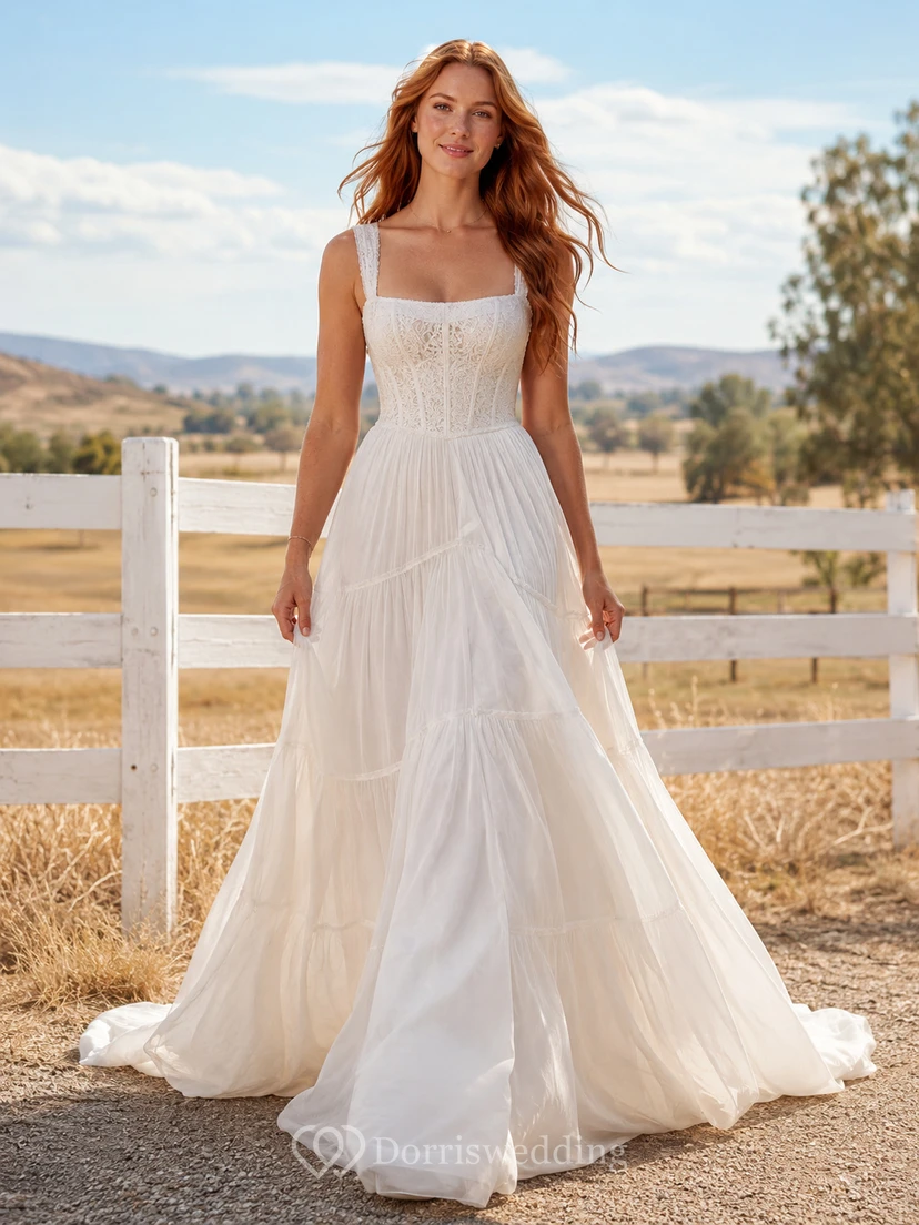 Country Tulle Wedding Dress A-Line Spaghetti Strap Chapel Train Bridal Gown