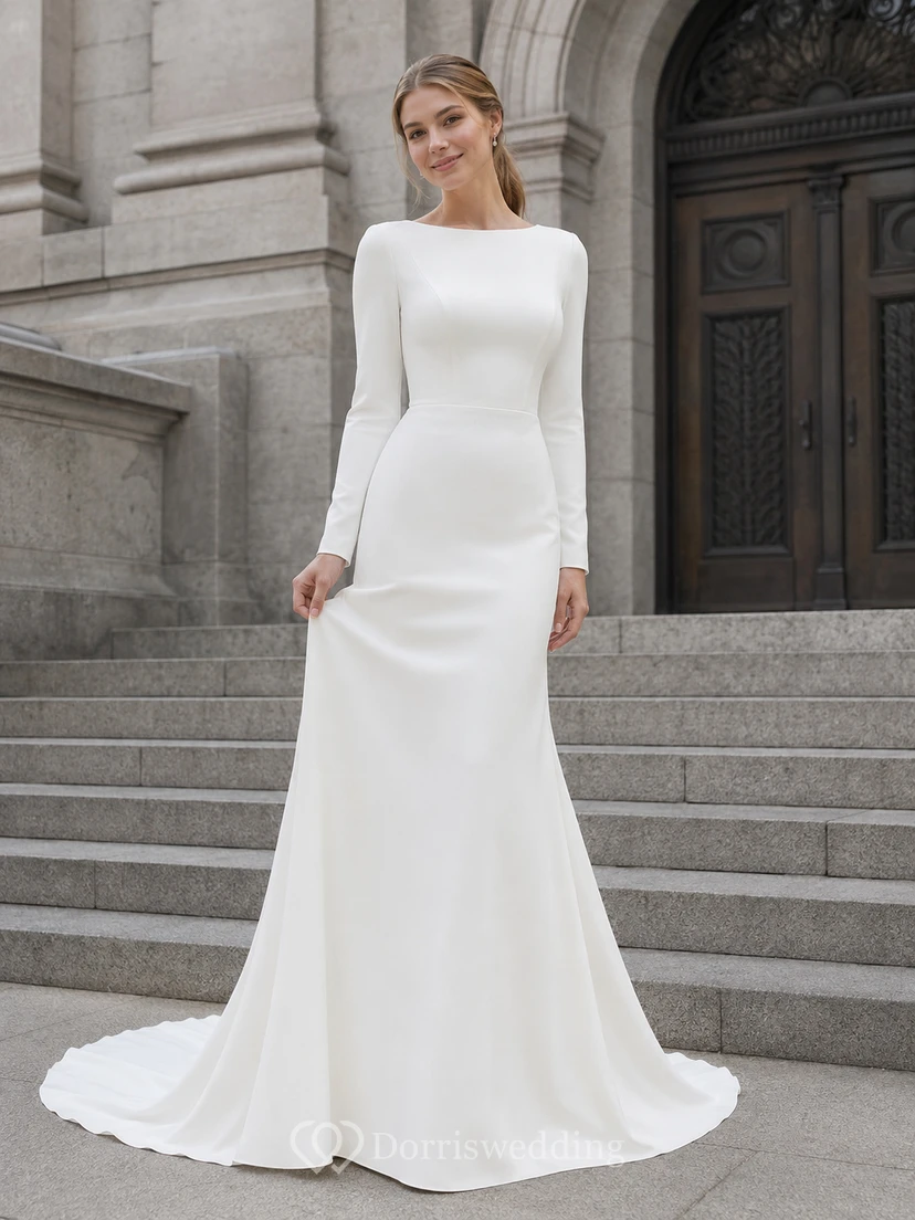 Bateau Long Sleeve Crepe Mermaid City Hall Wedding Dress