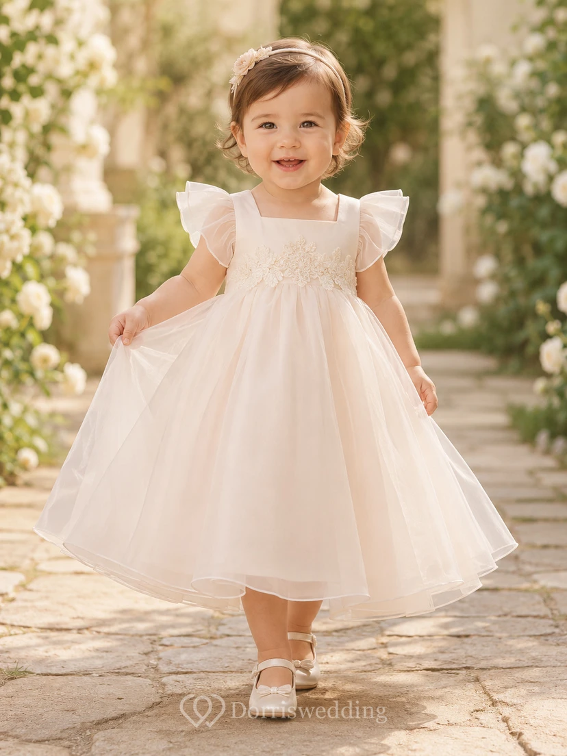 Vestido de bautizo de bebé con superposición de organza transparente color rubor, corte A y mangas con volantes, rosa rubor, romántico, adorable, elegante, de tul.