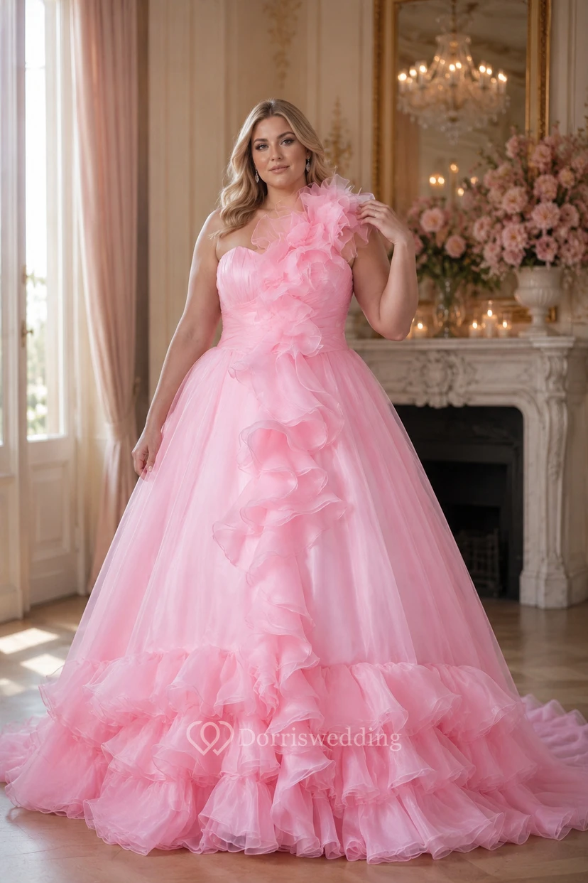 One-Shoulder A-Line Ruffled Draping and Dress With Tiers view 8