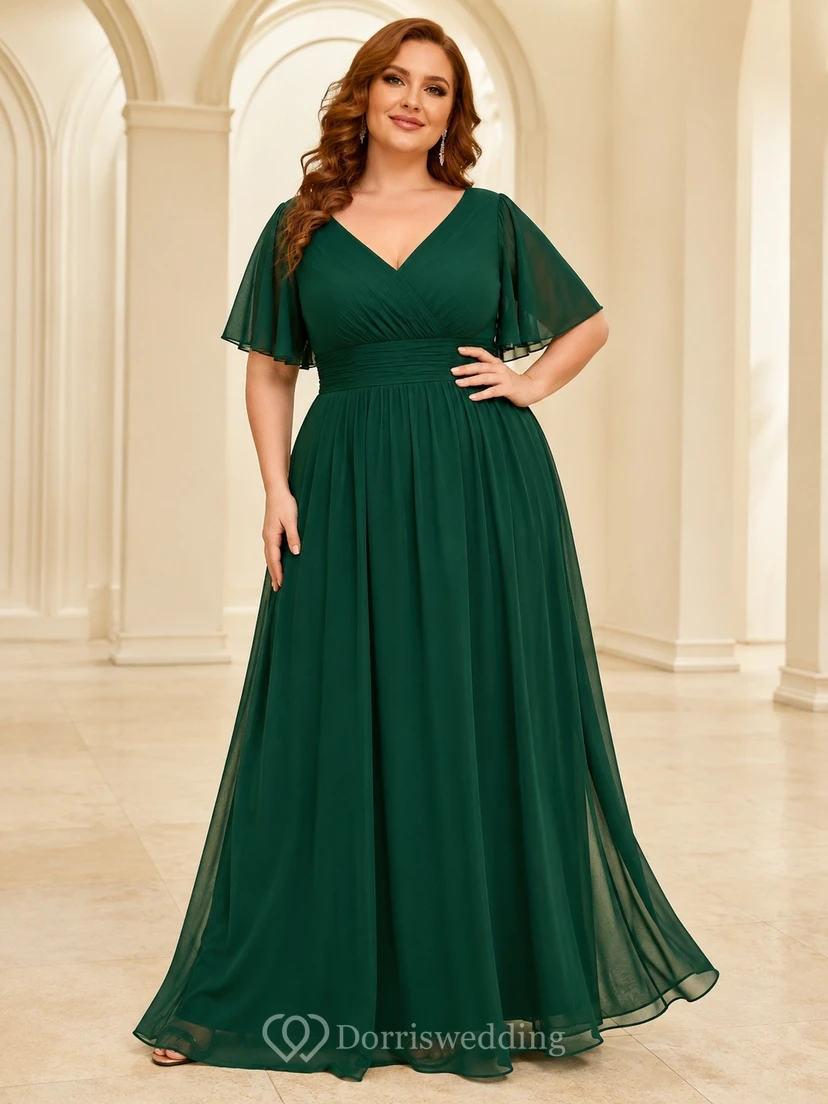 Plus Size Modest Short Sleeve V Neck Chiffon A-Line Formal Dress