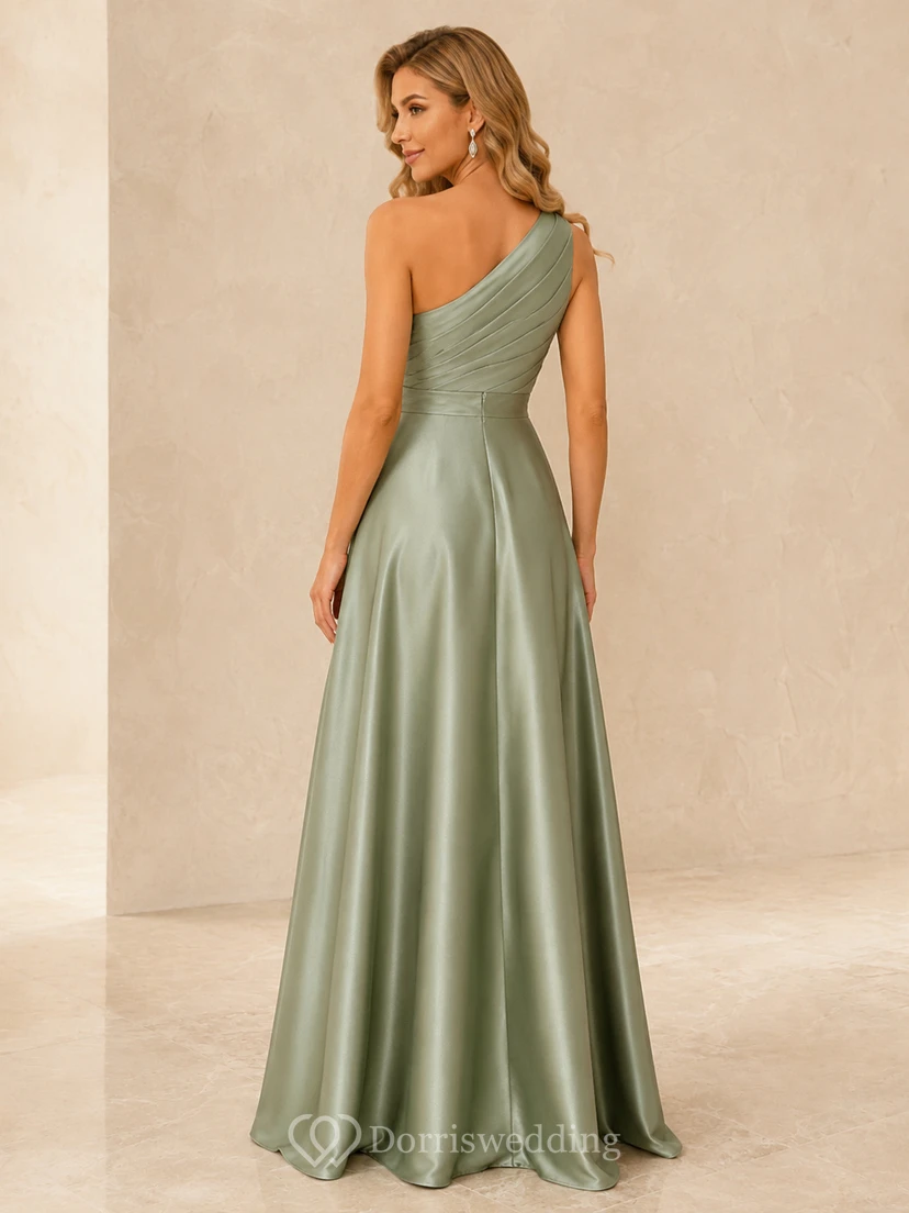 Celadonfarbenes, schulterfreies, bodenlanges A-Linien-Abendkleid aus Satin mit Schlitz – Moderner Stil view 2