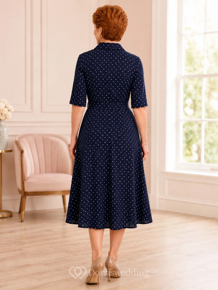 Dark Navy Polka-Dot Chiffon V-Neck Three-Quarter-Sleeve Midi Dress view 2