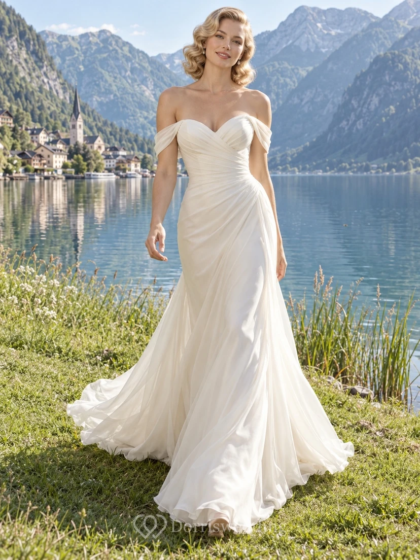 Vestido de novia sencillo de gasa satinada con hombros descubiertos, sin mangas, fruncido y cola larga