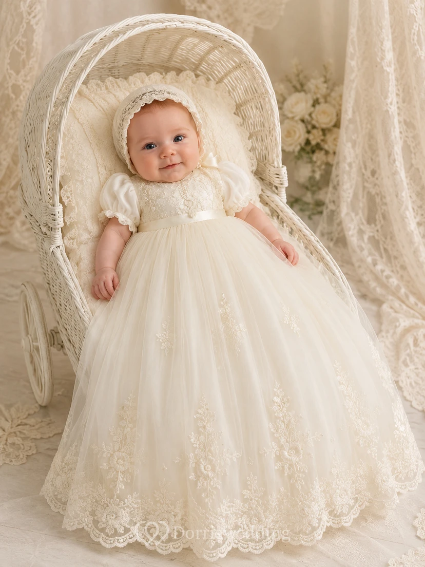 Christening Gown A-Line Tulle Lace Jewel Neck Short Sleeve Scalloped Hem view 2