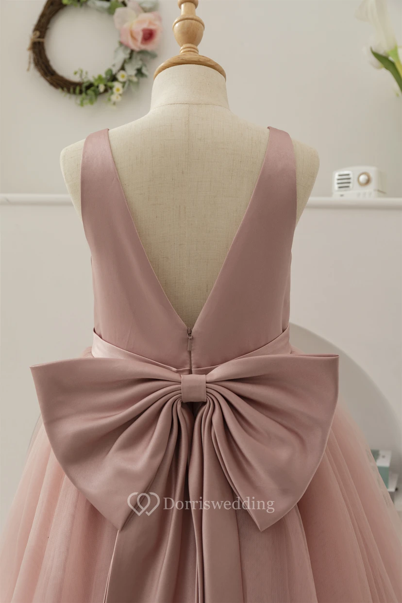 Water Melon V-neck Sleeveless A-line Tulle Pleated Flowergirl Dress view 14
