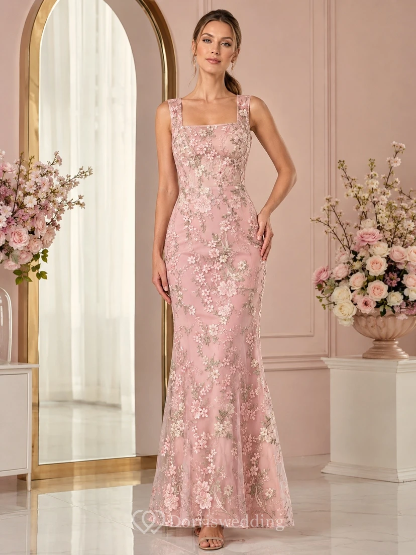Square Neck Mermaid Floral Lace Pink Sleeveless Embroidered Evening Dress