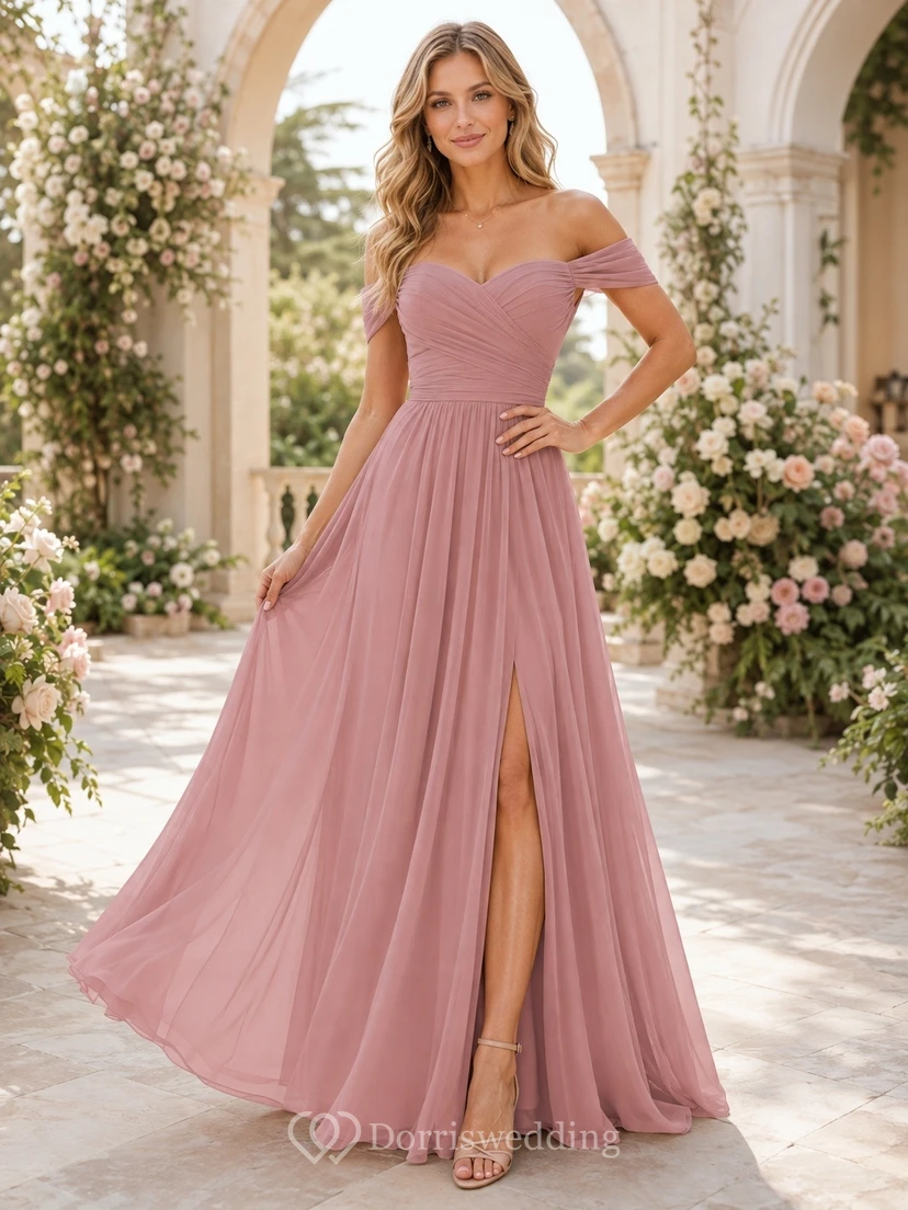 Formelles schulterfreies, bodenlanges Chiffon-Brautjungfernkleid in A-Linie mit Schlitz