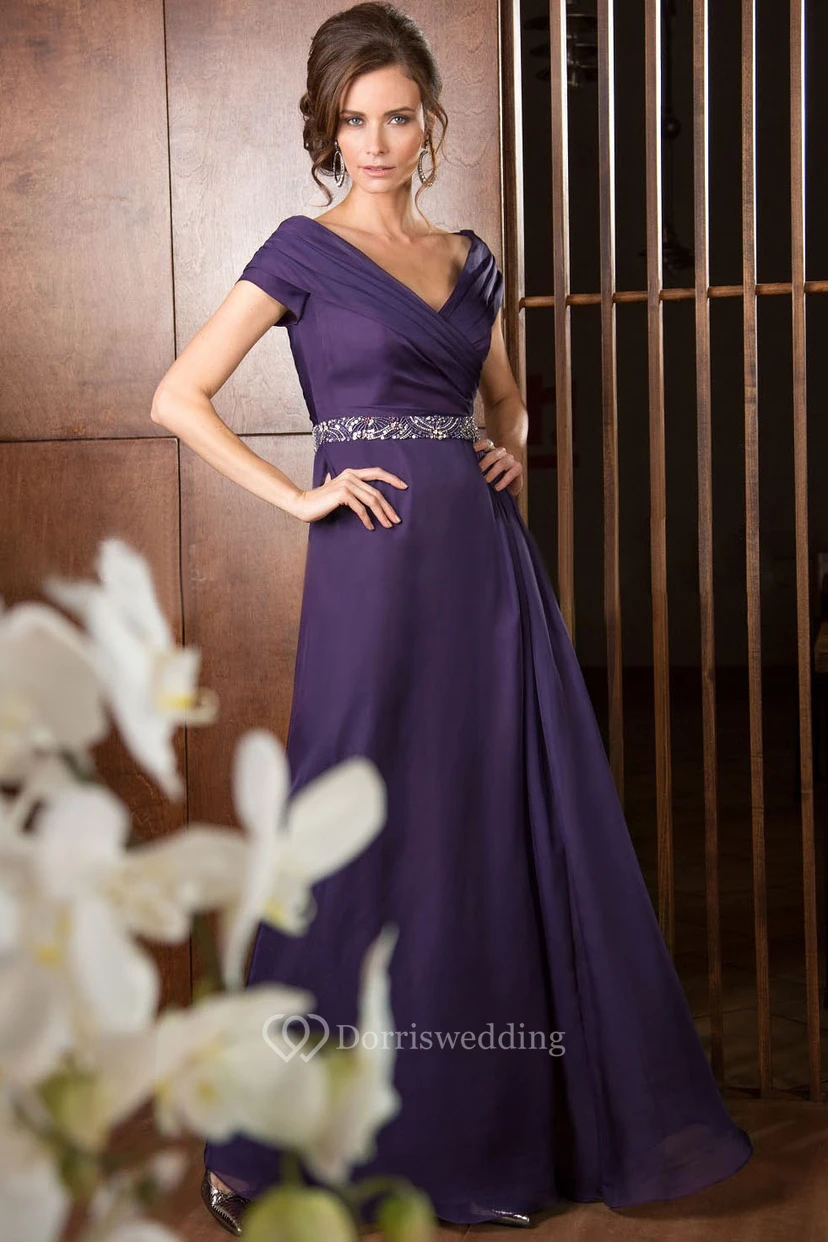 V-Neck A-Line Long Mother Of The Bride Dress With Ruches And Sequins