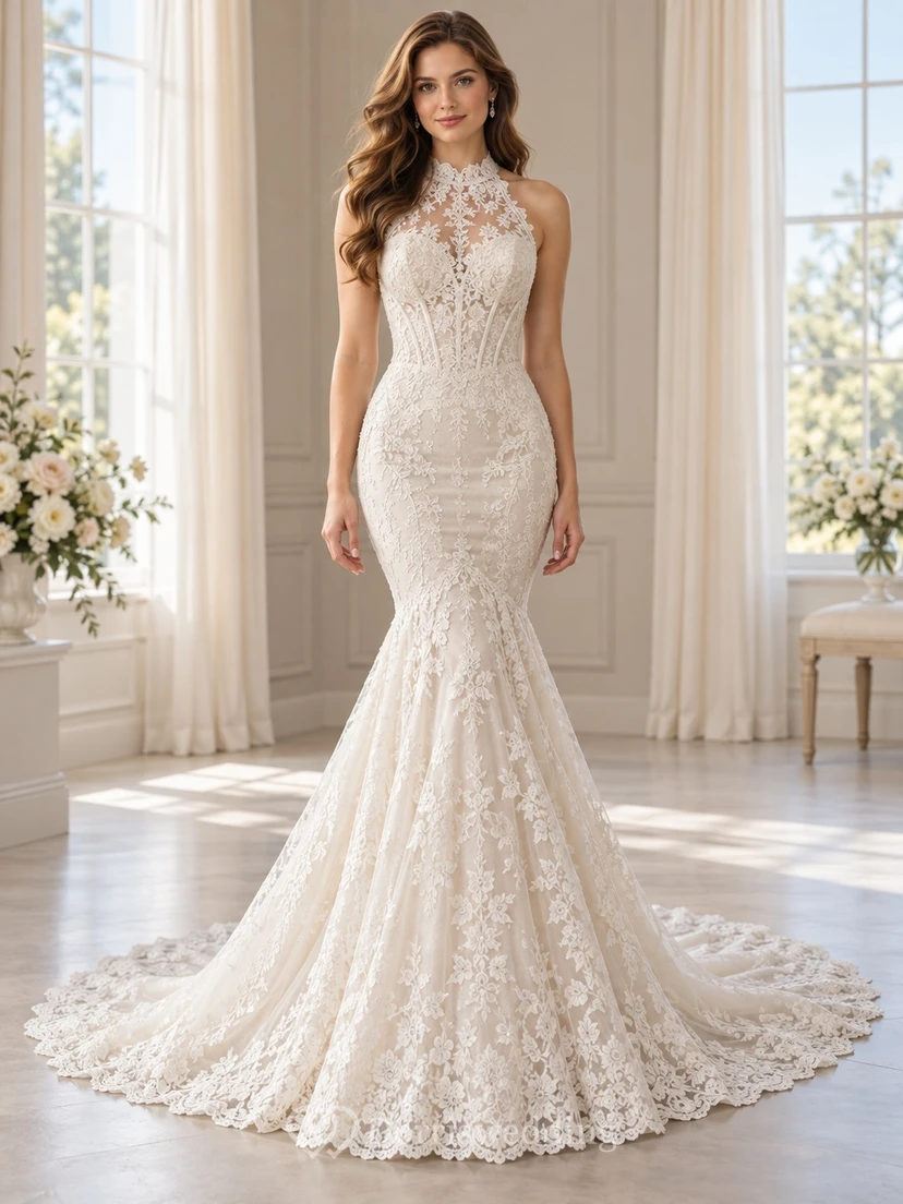 Mermaid High Halter Floral Illusion Lace Train Bridal Wedding Dress