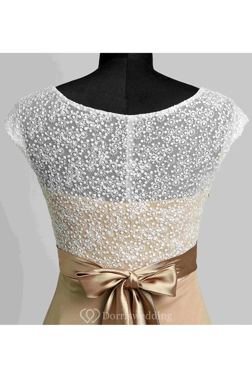 A-line Bateau Cap Short Sleeve Floor-length Jersey Lace Dress view 10