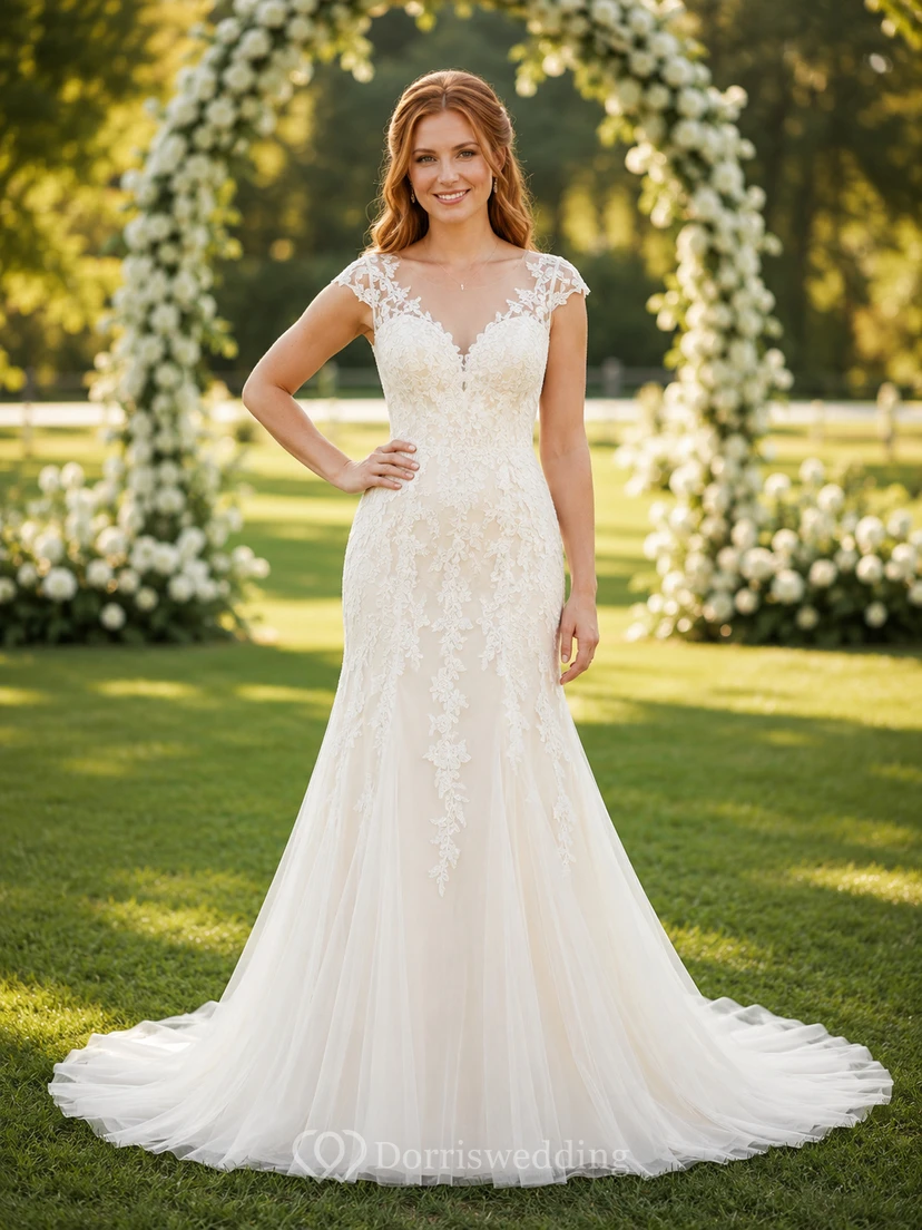 Lace Tulle Wedding Dress Mermaid V-Neck Cap Sleeve Sweep Train Bridal Gown