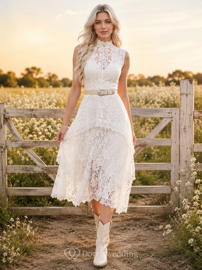 Vestido de cóctel campestre bohemio blanco sin mangas con cuello alto y encaje