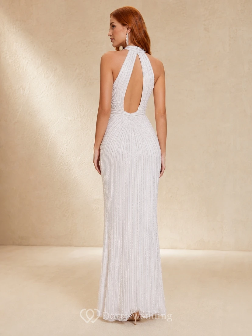 White High Neck Sleeveless Pleated Jersey Sheath Ankle-Length Split Evening Dress view 2