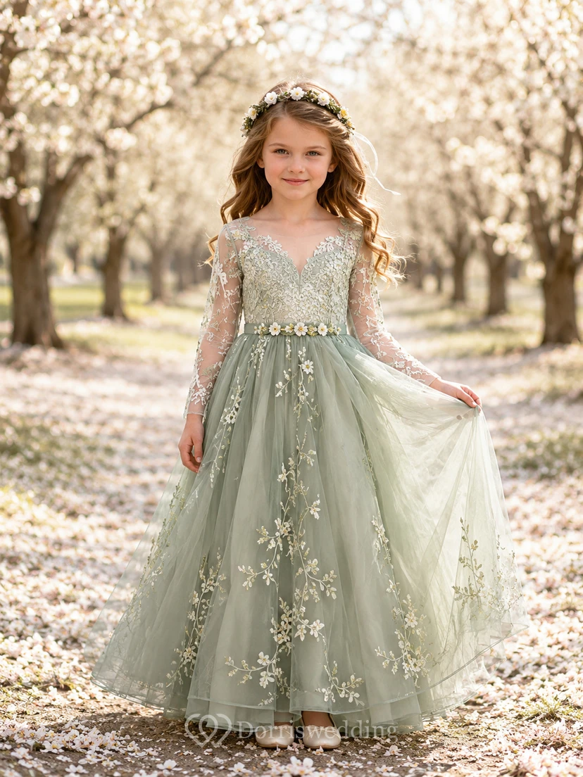 Flower Girl Dress Sage Lace Tulle A-Line Jewel Neck Tea Length