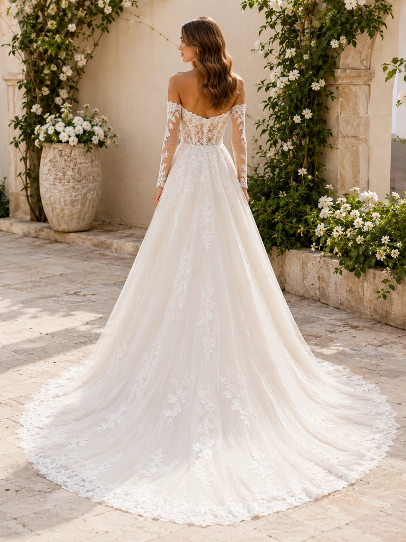 Robe de mariée romantique en dentelle, épaules dénudées, manches longues, coupe trapèze, bustier illusion chapelle view 2