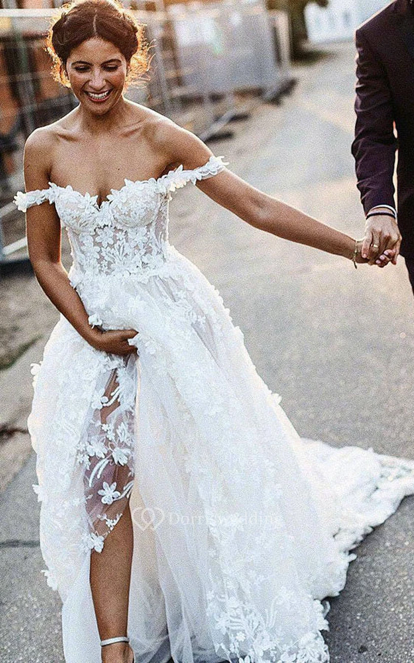 Off-the-shoulder Lace Empire Pleated Corset Back Beach Wedding Dress view 3