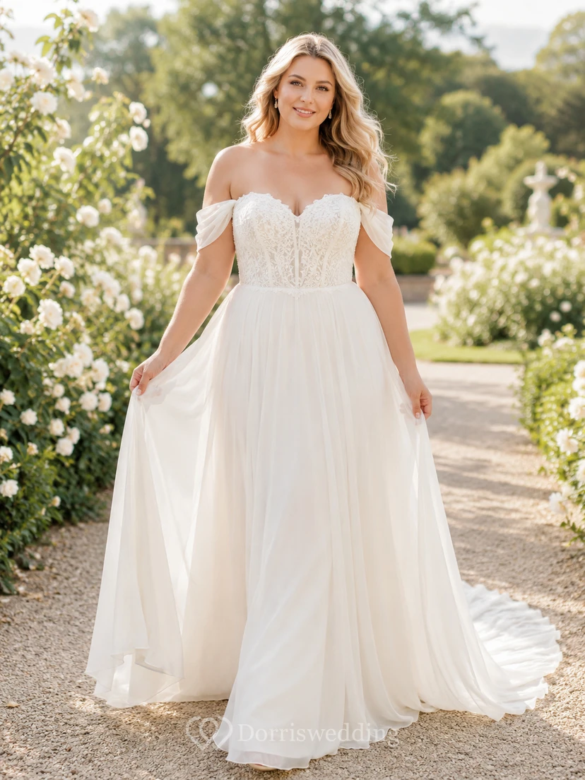 Chiffon-Hochzeitskleid, A-Linie, V-Ausschnitt, ärmellos, Kapellenschleppe, tiefer V-Ausschnitt am Rücken