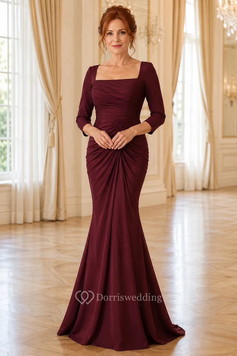 MOB-Kleid, burgunderrot, Stretch-Satin, Meerjungfrauenstil, 3/4-Ärmel, eckiger Ausschnitt, bodenlang, drapiert