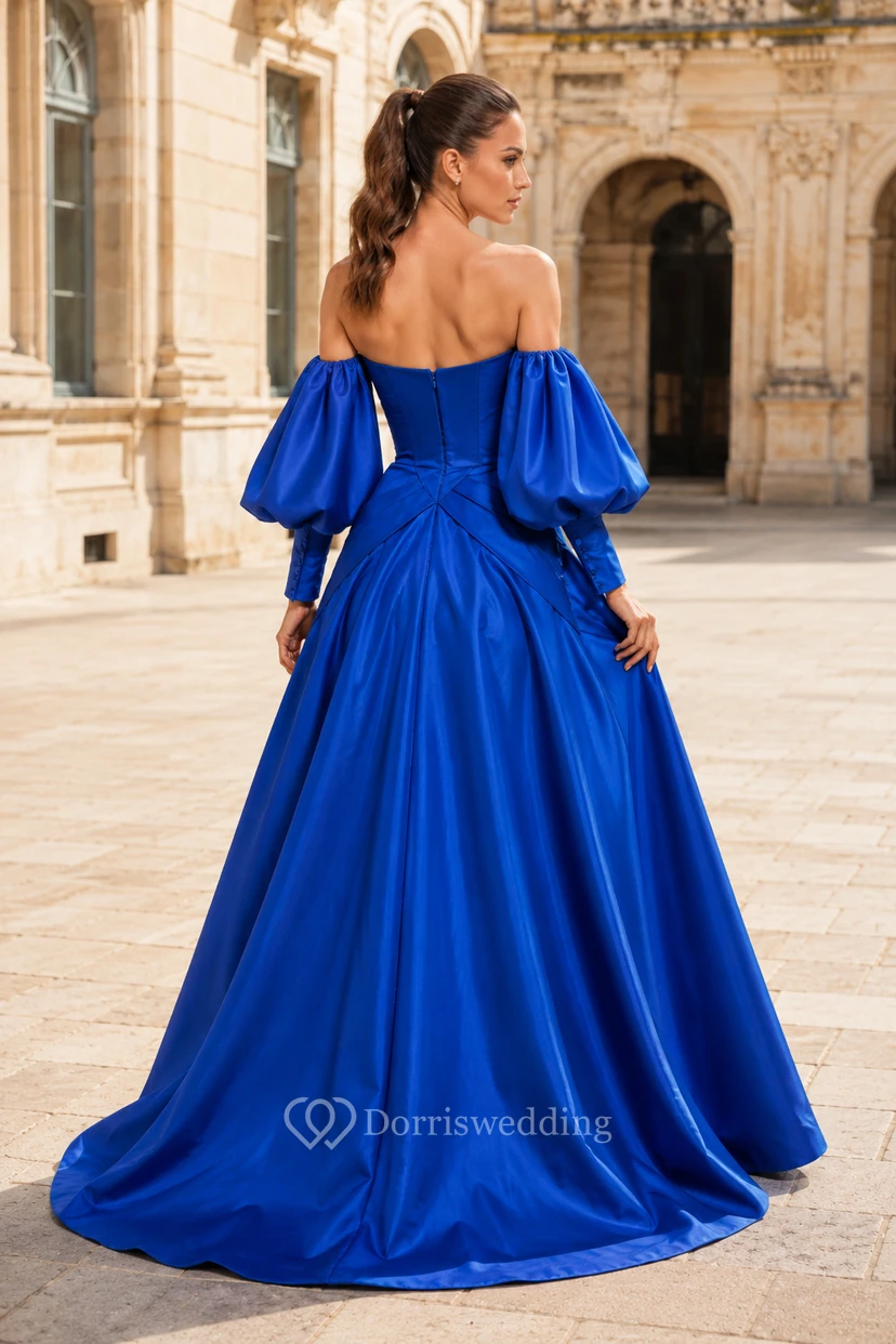 Königsblaues schulterfreies Ballkleid aus Satin mit Puffärmeln view 2