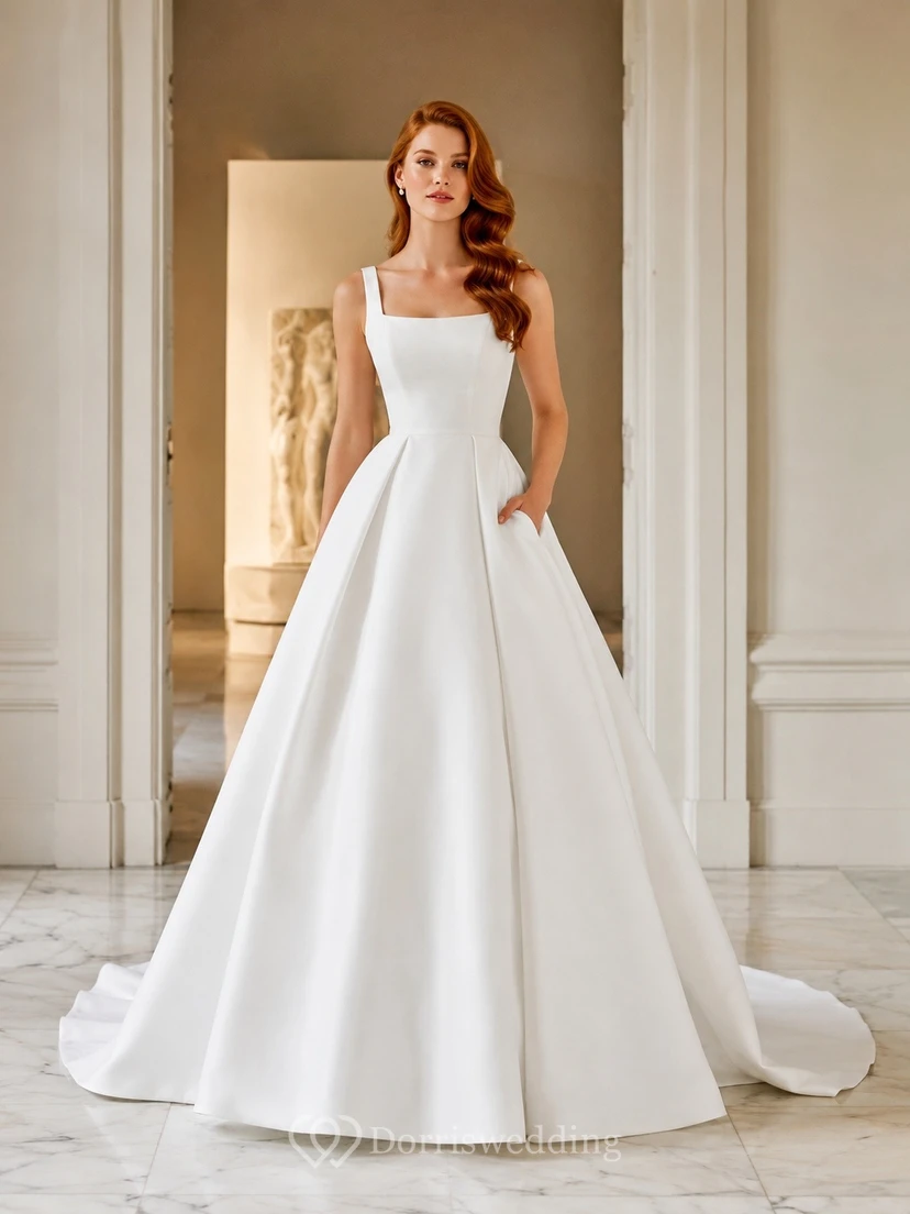 Vestido de novia elegante de satén con escote cuadrado, sin mangas, corte en A y cola catedral.
